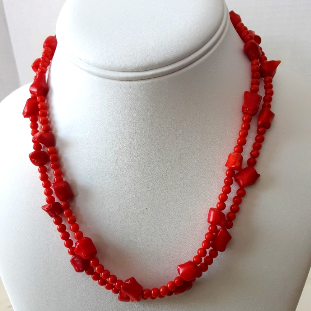 VTG NATURAL CORAL BRANCH NUGGET DOUBLE STRAND BEADED NECKLACE SZ 18"